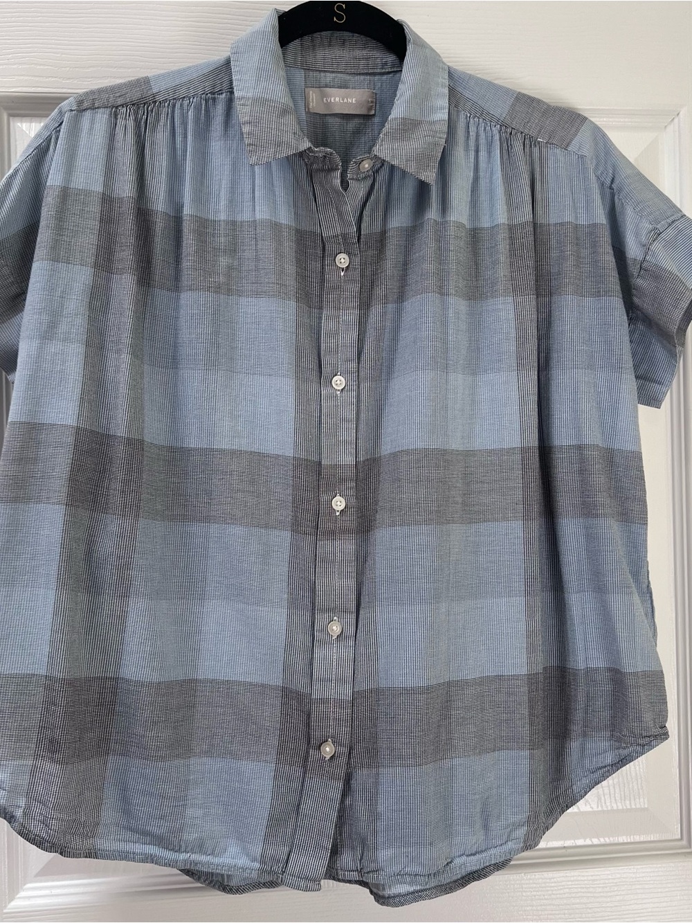 Everlane Women’s Square Air Short Sleeve Button Down Shirt Modern Blue Plaid S